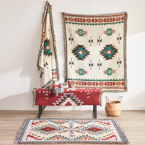 Touchat Native American Blanket Western Decor Boho Throw Blanket for Sofa, Mexican Decorative Farmhouse Blanket, Southwest Decor Woven Blanket, Aztec Throw Blankets with Tassel(Beige,50×60 inch)