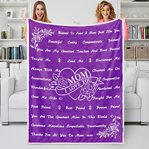 DOKEYWELL Birthday Gifts for Mom Unique Mom Gifts from Son Daughters for Mothers Day Valentines Day Christmas - I Love You Mom Sherpa Hugs Blanket 50"x60" (Purple)