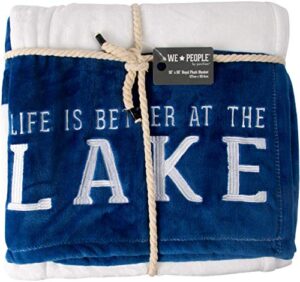 pavilion gift company life is better at the lake-blue & white super soft 50 x 60 inch striped throw embroidered text 50" x 60" royal plush blanket, blue