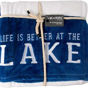 Pavilion Gift Company Life is Better at The Lake-Blue & White Super Soft 50 x 60 Inch Striped Throw Embroidered Text 50" x 60" Royal Plush Blanket, Blue