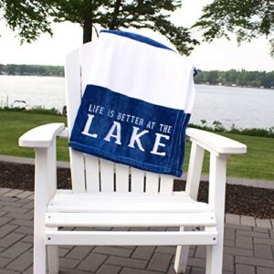 Pavilion Gift Company Life is Better at The Lake-Blue & White Super Soft 50 x 60 Inch Striped Throw Embroidered Text 50" x 60" Royal Plush Blanket, Blue