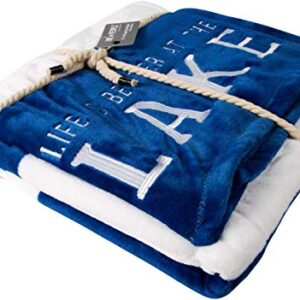 Pavilion Gift Company Life is Better at The Lake-Blue & White Super Soft 50 x 60 Inch Striped Throw Embroidered Text 50" x 60" Royal Plush Blanket, Blue