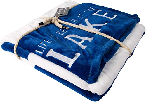 Pavilion Gift Company Life is Better at The Lake-Blue & White Super Soft 50 x 60 Inch Striped Throw Embroidered Text 50" x 60" Royal Plush Blanket, Blue