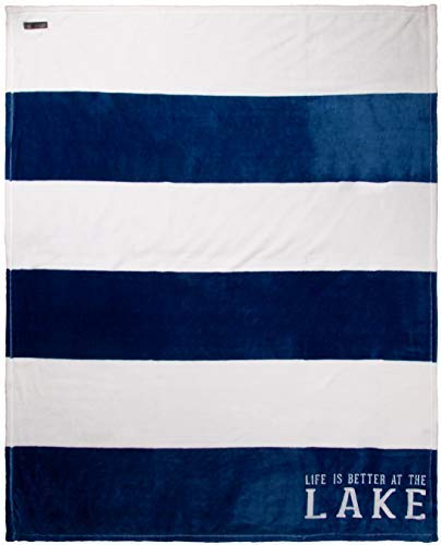 Pavilion Gift Company Life is Better at The Lake-Blue & White Super Soft 50 x 60 Inch Striped Throw Embroidered Text 50" x 60" Royal Plush Blanket, Blue