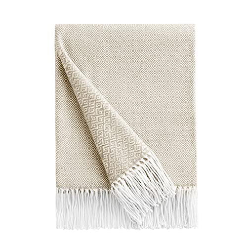 BOURINA Decorative Diamond Lattice Faux Cashmere Fringe Throw Blanket Lightweight Soft Cozy for Bed or Sofa Farmhouse Outdoor Throw Blankets, 50" x 60", Beige