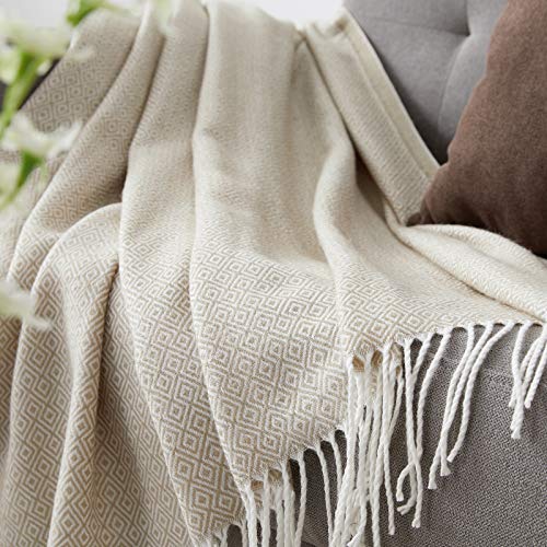 BOURINA Decorative Diamond Lattice Faux Cashmere Fringe Throw Blanket Lightweight Soft Cozy for Bed or Sofa Farmhouse Outdoor Throw Blankets, 50" x 60", Beige