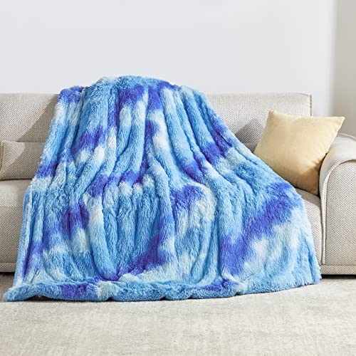 BEAUTEX Faux Fur Throw Blanket, Soft Sherpa Fluffy Blankets, Warm Thick Plush Flannel Blanket, Luxury Fuzzy Blankets for Home Room Decor, Shaggy Cozy Throw Blanket for Couch Sofa Bed Blue, 50x 60