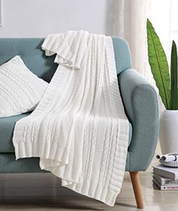 vcny home | dublin collection | throw blanket - 100% cotton in cable knit weave, ultra plush, luxuriously warm - for bed, couch, or chair, throw, white 50x70