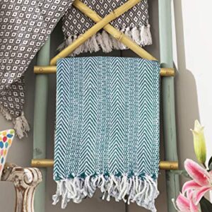 Farmhouse Throws Blanket with Fringe for Chair,Couch,Picnic,Camping, Beach,Throws for Couch,Everyday Use, Cotton Throw Blanket with Super Soft and Excellent Handfeel 50 x 60 -Teal White