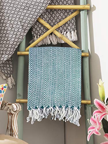 Farmhouse Throws Blanket with Fringe for Chair,Couch,Picnic,Camping, Beach,Throws for Couch,Everyday Use, Cotton Throw Blanket with Super Soft and Excellent Handfeel 50 x 60 -Teal White