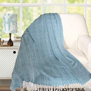 Farmhouse Throws Blanket with Fringe for Chair,Couch,Picnic,Camping, Beach,Throws for Couch,Everyday Use, Cotton Throw Blanket with Super Soft and Excellent Handfeel 50 x 60 -Teal White