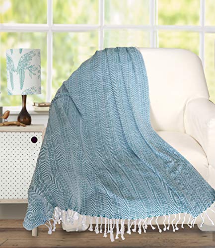 Farmhouse Throws Blanket with Fringe for Chair,Couch,Picnic,Camping, Beach,Throws for Couch,Everyday Use, Cotton Throw Blanket with Super Soft and Excellent Handfeel 50 x 60 -Teal White