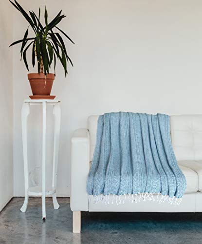 Farmhouse Throws Blanket with Fringe for Chair,Couch,Picnic,Camping, Beach,Throws for Couch,Everyday Use, Cotton Throw Blanket with Super Soft and Excellent Handfeel 50 x 60 -Teal White