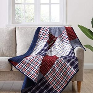 Chezmoi Collection Grizzly 1-Piece Plaid Checkered Patchwork Quilted 100% Washed Cotton Reversible Throw Blanket