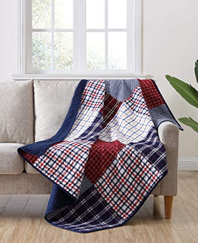 Chezmoi Collection Grizzly 1-Piece Plaid Checkered Patchwork Quilted 100% Washed Cotton Reversible Throw Blanket