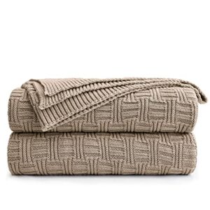 cotton khaki cable knit throw blanket for couch sofa bed with bonus laundering bag – large 60 x 80 thick, 3.4 lb, machine washable, comfortable home décor