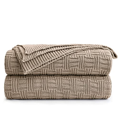 Cotton Khaki Cable Knit Throw Blanket for Couch Sofa Bed with Bonus Laundering Bag – Large 60 x 80 Thick, 3.4 LB, Machine Washable, Comfortable Home Décor