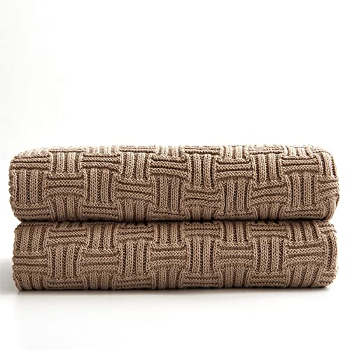 Cotton Khaki Cable Knit Throw Blanket for Couch Sofa Bed with Bonus Laundering Bag – Large 60 x 80 Thick, 3.4 LB, Machine Washable, Comfortable Home Décor