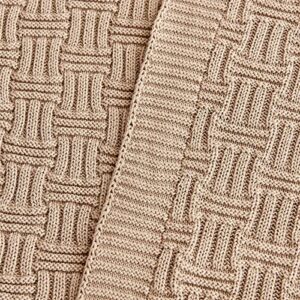 Cotton Khaki Cable Knit Throw Blanket for Couch Sofa Bed with Bonus Laundering Bag – Large 60 x 80 Thick, 3.4 LB, Machine Washable, Comfortable Home Décor