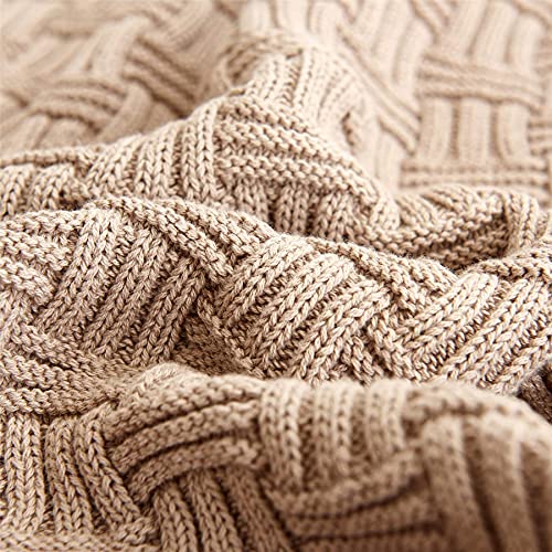 Cotton Khaki Cable Knit Throw Blanket for Couch Sofa Bed with Bonus Laundering Bag – Large 60 x 80 Thick, 3.4 LB, Machine Washable, Comfortable Home Décor