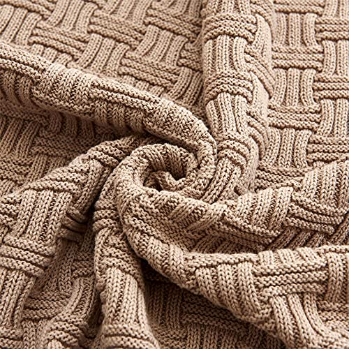 Cotton Khaki Cable Knit Throw Blanket for Couch Sofa Bed with Bonus Laundering Bag – Large 60 x 80 Thick, 3.4 LB, Machine Washable, Comfortable Home Décor