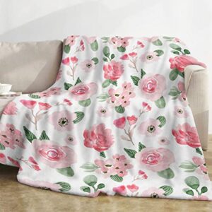 floral throw blanket, pink rose floral throw blanket, soft cozy flannel flower blankets, fluffy fuzzy rosebuds wildflowers print blankets for girls women gifts home sofa couch bed decor, 50x60 inch
