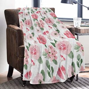 Floral Throw Blanket, Pink Rose Floral Throw Blanket, Soft Cozy Flannel Flower Blankets, Fluffy Fuzzy Rosebuds Wildflowers Print Blankets for Girls Women Gifts Home Sofa Couch Bed Decor, 50x60 Inch