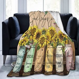 leoplesic sunflower throw blankets for couch,inspirational quote god says you are hummingbird design cozy luxury rustic farmhouse yellow flower blue purple bottle flannel bed blanket 40" x50"