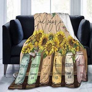 LEOPLESIC Sunflower Throw Blankets for Couch,Inspirational Quote God Says You are Hummingbird Design Cozy Luxury Rustic Farmhouse Yellow Flower Blue Purple Bottle Flannel Bed Blanket 40" x50"