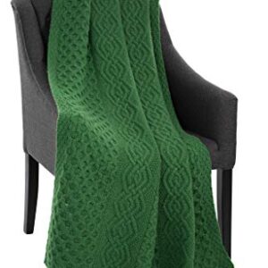 SAOL Honeycomb and Cable Knit Patterns 100% Irish Merino Wool Aran Throw/Blanket 60 x 40 inches (Green)