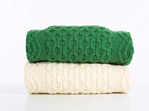 SAOL Honeycomb and Cable Knit Patterns 100% Irish Merino Wool Aran Throw/Blanket 60 x 40 inches (Green)