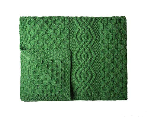 SAOL Honeycomb and Cable Knit Patterns 100% Irish Merino Wool Aran Throw/Blanket 60 x 40 inches (Green)