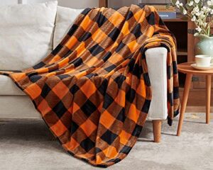 touchat fleece throw blankets, orange buffalo plaid throw blanket for couch sofa bed, soft warm fuzzy cozy checkered blanket, lightweight farmhouse halloween decor 50" x 60" (pumpkin & orange)