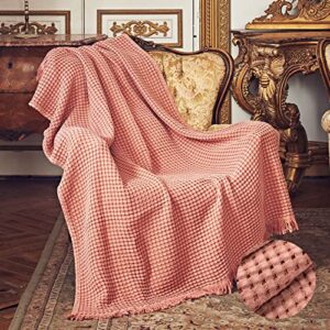 Amélie Home 100% Cotton Waffle Knit Throw Blanket, Soft Lightweight Blanket with Tassels, Decorative Breathable Textured Throw Blankets for Couch Bed Sofa, 50x60, Coral