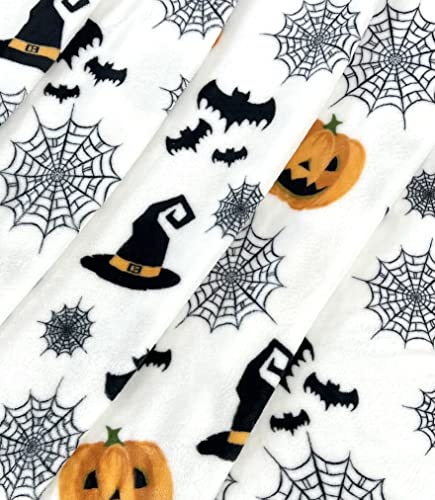 Haunted Halloween Throw Blanket: Spider Webs Witch's Hat Black Bats and Decorated Pumpkins Print on Soft Velvet Fleece Throw Blanket