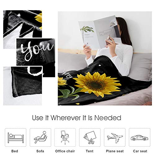 Sunflower Throw Blanket,You Are My Sunshine Flannel Fleece Blanket,Soft Cozy Fuzzy Warm Lightweight Blanket for Mom,Daughter-Black Microfiber Nap Blanket for Couch,Bed,Sofa-Baby,Women Gift - 60" x 50"