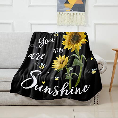 Sunflower Throw Blanket,You Are My Sunshine Flannel Fleece Blanket,Soft Cozy Fuzzy Warm Lightweight Blanket for Mom,Daughter-Black Microfiber Nap Blanket for Couch,Bed,Sofa-Baby,Women Gift - 60" x 50"