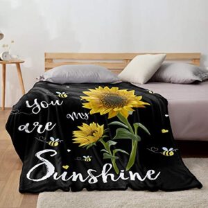 Sunflower Throw Blanket,You Are My Sunshine Flannel Fleece Blanket,Soft Cozy Fuzzy Warm Lightweight Blanket for Mom,Daughter-Black Microfiber Nap Blanket for Couch,Bed,Sofa-Baby,Women Gift - 60" x 50"