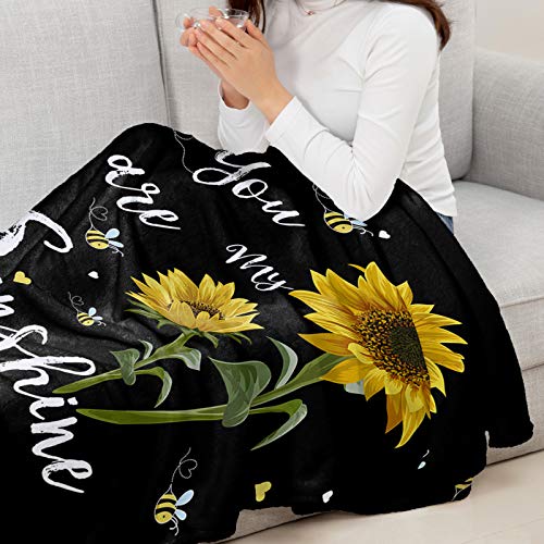 Sunflower Throw Blanket,You Are My Sunshine Flannel Fleece Blanket,Soft Cozy Fuzzy Warm Lightweight Blanket for Mom,Daughter-Black Microfiber Nap Blanket for Couch,Bed,Sofa-Baby,Women Gift - 60" x 50"