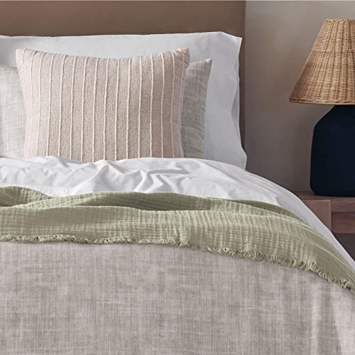 Nate Home by Nate Berkus Cotton Matelasse Blanket | with Fringe Detail, Breathable, All-Season Throw, Decoration for Bedding from mDesign - King, Lichen (Sage Green)