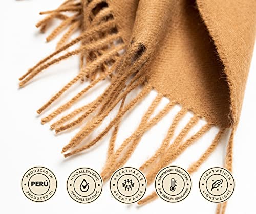 KHUSCO | 100% Baby Alpaca Wool Throw Blanket Joy | 71" L x 51" W | Warm Peruvian Cozy, Lightweight for Home and Travel | Camel