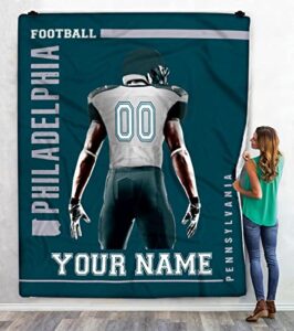 personalized football throw blanket, philadelphia football blanket, custom football city blankets, customized name number, gift to my son blanket from mom, dad, birthday gift, sports fan gifts