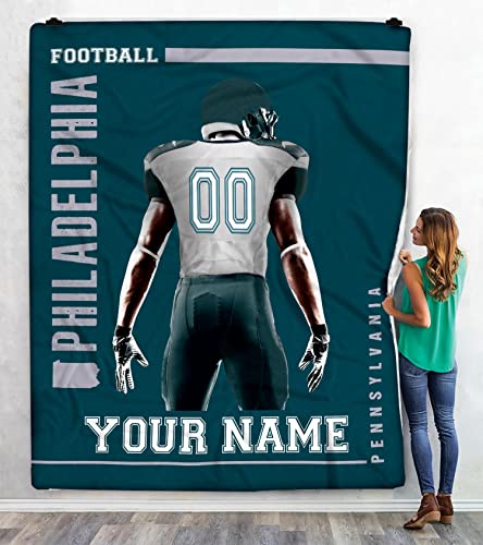 Personalized Football Throw Blanket, Philadelphia Football Blanket, Custom Football City Blankets, Customized Name Number, Gift to My Son Blanket from Mom, Dad, Birthday Gift, Sports Fan Gifts