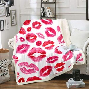 sexy lips blanket for girls woman kiss fleece blankets feminine red lips throw blanket lipstick print plush blankets luxury for chair office couch bed fuzzy blanket throw 50"x60" red white