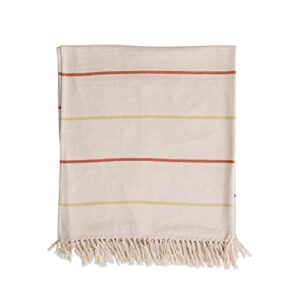 creative co-op cotton flannel throw with stripes and fringe, cream, sienna and celery