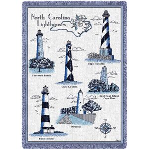 lighthouses of north carolina blanket - curritick, cape lookout, hatteras, bald head island, ocracoke, bodie - soft afghan gift throw woven from cotton - made in the usa (69x48)