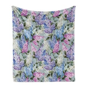 ambesonne mauve throw blanket, various mix hyacinth garden with flowers and leaf branches summer botanic plants, flannel fleece accent piece soft couch cover for adults, 50" x 70", fuchsia lilac