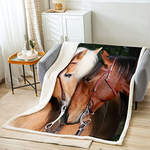 Steed Printed Bed Blanket Couple Horses Throw Blanket Lightweight Soft Cozy Luxury Farmhouse Theme Fleece Blanket 3D Horse Flannel Blanket for Sofa Bedroom Office Travel All Season(Twin 60"x80")