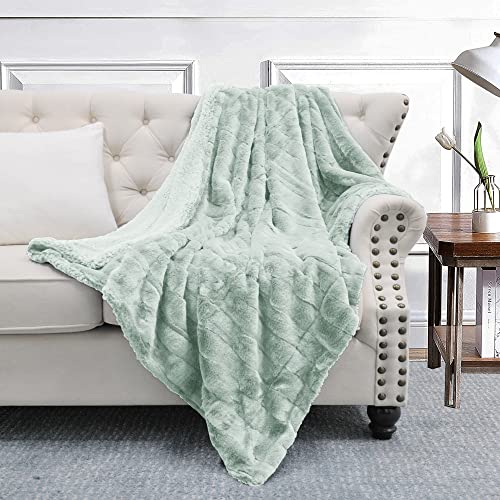 BYTIDE Stripe Faux Fur Plush Throw Blankets with Sherpa Back, Super Soft Warm Cozy Fluffy Fuzzy Reversible Luxury Throw for Couch Sofa Chair Bed Cover, 50" x 60", Seafoam Blue