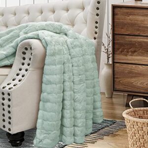 BYTIDE Stripe Faux Fur Plush Throw Blankets with Sherpa Back, Super Soft Warm Cozy Fluffy Fuzzy Reversible Luxury Throw for Couch Sofa Chair Bed Cover, 50" x 60", Seafoam Blue